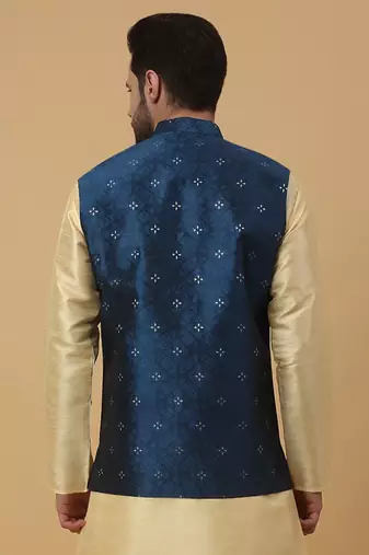 Men's Silk Blend Jacquard Sequenced Blue Nehru Jacket