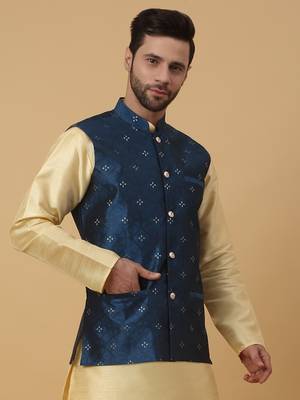 Men's Silk Blend Jacquard Sequenced Blue Nehru Jacket 4