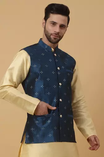 Men's Silk Blend Jacquard Sequenced Blue Nehru Jacket