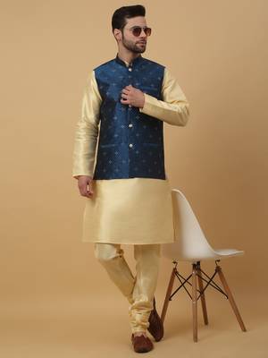 Men's Silk Blend Jacquard Sequenced Blue Nehru Jacket 5