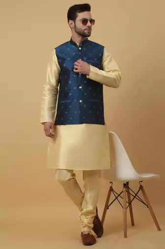 Men's Silk Blend Jacquard Sequenced Blue Nehru Jacket