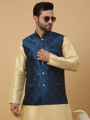 Men's Silk Blend Jacquard Sequenced Blue Nehru Jacket 6