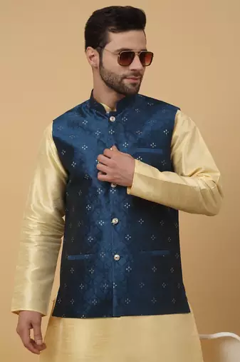 Men's Silk Blend Jacquard Sequenced Blue Nehru Jacket