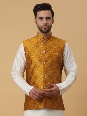 Men's Silk Blend Jacquard Sequenced Yellow Nehru Jacket 1