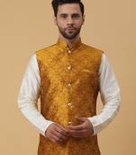 Men's Silk Blend Jacquard Sequenced Yellow Nehru Jacket