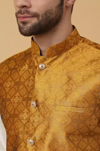 Men's Silk Blend Jacquard Sequenced Yellow Nehru Jacket