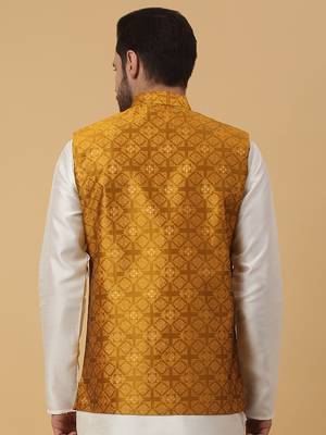 Men's Silk Blend Jacquard Sequenced Yellow Nehru Jacket 3