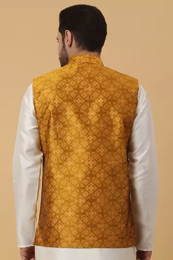 Men's Silk Blend Jacquard Sequenced Yellow Nehru Jacket