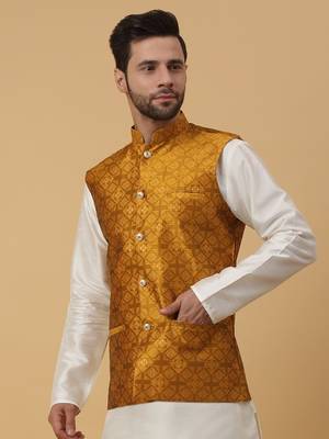 Men's Silk Blend Jacquard Sequenced Yellow Nehru Jacket 4