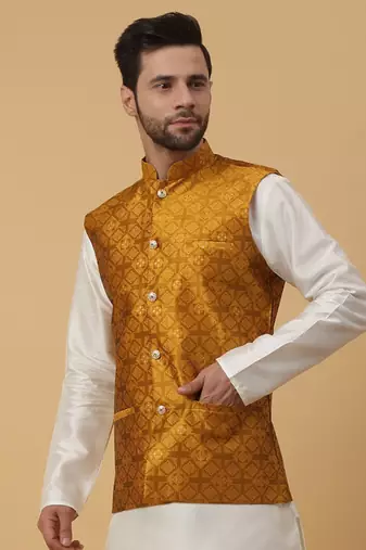 Men's Silk Blend Jacquard Sequenced Yellow Nehru Jacket