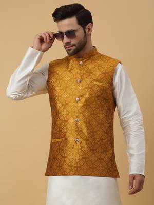 Men's Silk Blend Jacquard Sequenced Yellow Nehru Jacket 5