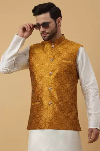 Men's Silk Blend Jacquard Sequenced Yellow Nehru Jacket
