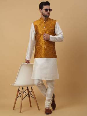 Men's Silk Blend Jacquard Sequenced Yellow Nehru Jacket 6