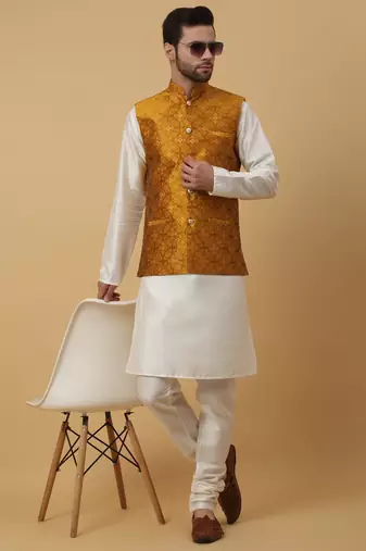 Men's Silk Blend Jacquard Sequenced Yellow Nehru Jacket