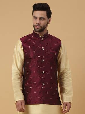 Men's Silk Blend Jacquard Sequenced Maroon Nehru Jacket 1