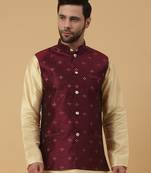 Men's Silk Blend Jacquard Sequenced Maroon Nehru Jacket
