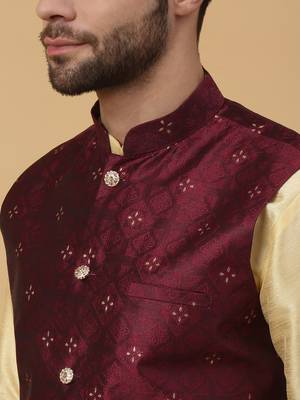 Men's Silk Blend Jacquard Sequenced Maroon Nehru Jacket 2