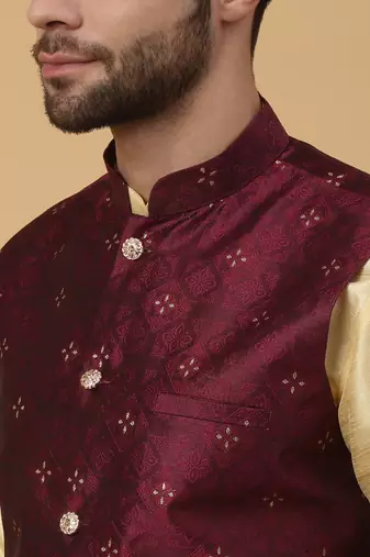 Men's Silk Blend Jacquard Sequenced Maroon Nehru Jacket
