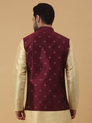 Men's Silk Blend Jacquard Sequenced Maroon Nehru Jacket 3