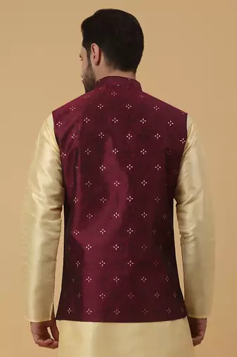 Men's Silk Blend Jacquard Sequenced Maroon Nehru Jacket