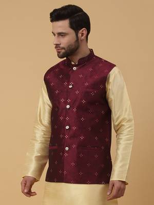 Men's Silk Blend Jacquard Sequenced Maroon Nehru Jacket 4