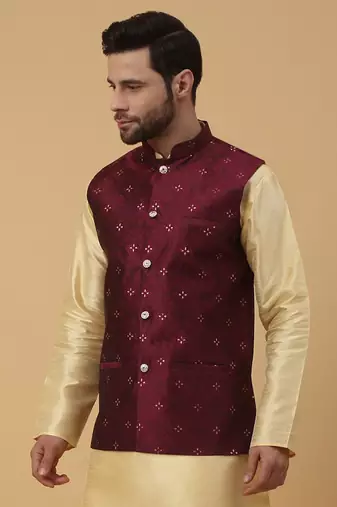 Men's Silk Blend Jacquard Sequenced Maroon Nehru Jacket