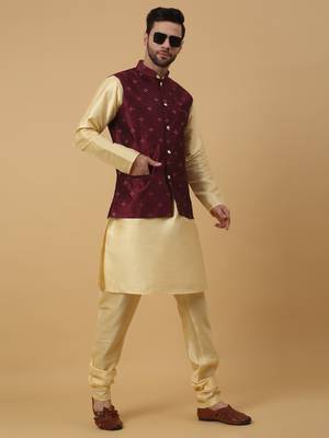 Men's Silk Blend Jacquard Sequenced Maroon Nehru Jacket 5