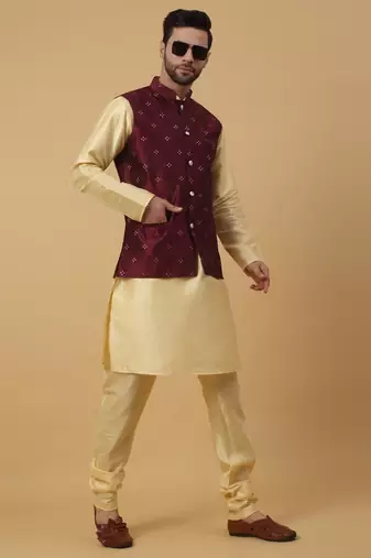 Men's Silk Blend Jacquard Sequenced Maroon Nehru Jacket