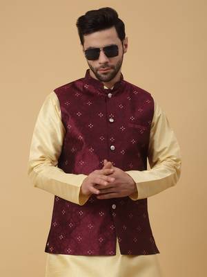 Men's Silk Blend Jacquard Sequenced Maroon Nehru Jacket 6