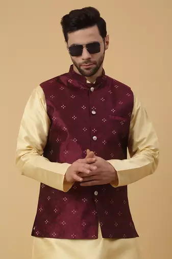 Men's Silk Blend Jacquard Sequenced Maroon Nehru Jacket