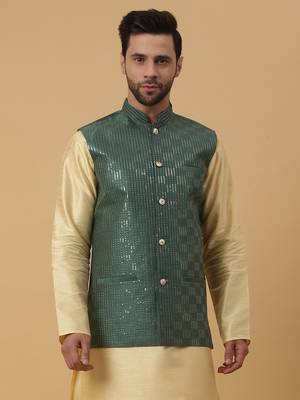 Men's Cotton Silk Sequenced Embroidered Green Nehru Jacket 1