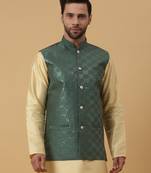 Men's Cotton Silk Sequenced Embroidered Green Nehru Jacket