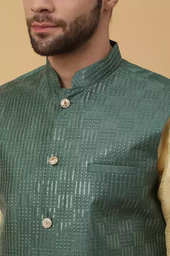 Men's Cotton Silk Sequenced Embroidered Green Nehru Jacket