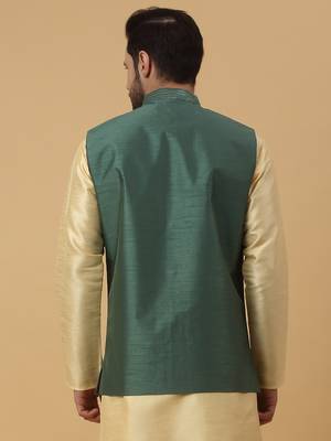 Men's Cotton Silk Sequenced Embroidered Green Nehru Jacket 3