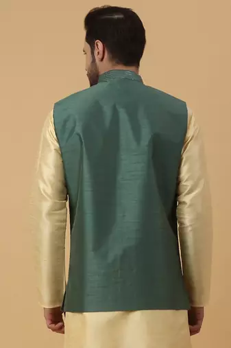 Men's Cotton Silk Sequenced Embroidered Green Nehru Jacket