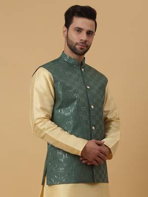 Men's Cotton Silk Sequenced Embroidered Green Nehru Jacket 4