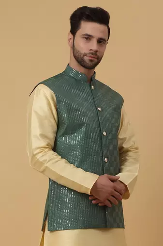 Men's Cotton Silk Sequenced Embroidered Green Nehru Jacket