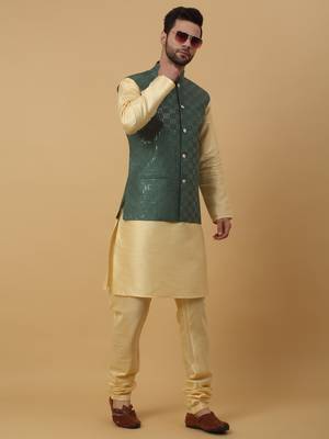 Men's Cotton Silk Sequenced Embroidered Green Nehru Jacket 5