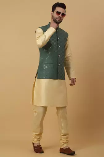 Men's Cotton Silk Sequenced Embroidered Green Nehru Jacket