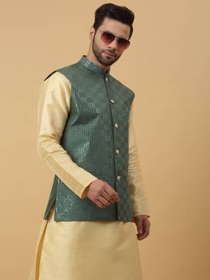 Men's Cotton Silk Sequenced Embroidered Green Nehru Jacket 6