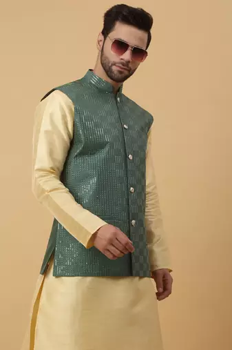 Men's Cotton Silk Sequenced Embroidered Green Nehru Jacket