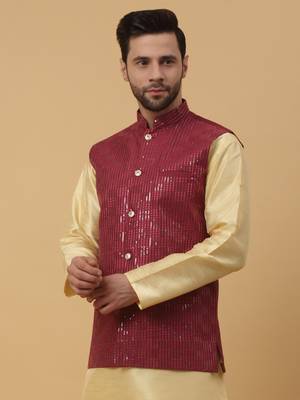 Men's Cotton Silk Sequenced Embroidered Maroon Nehru Jacket 1