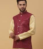 Men's Cotton Silk Sequenced Embroidered Maroon Nehru Jacket