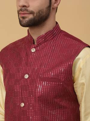 Men's Cotton Silk Sequenced Embroidered Maroon Nehru Jacket 2