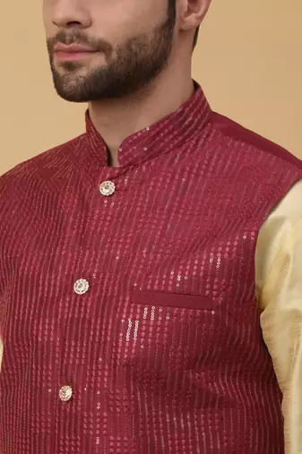 Men's Cotton Silk Sequenced Embroidered Maroon Nehru Jacket
