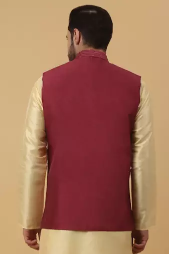 Men's Cotton Silk Sequenced Embroidered Maroon Nehru Jacket