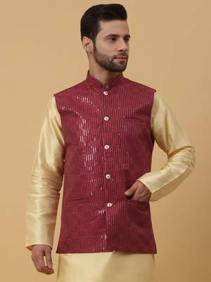 Men's Cotton Silk Sequenced Embroidered Maroon Nehru Jacket 4