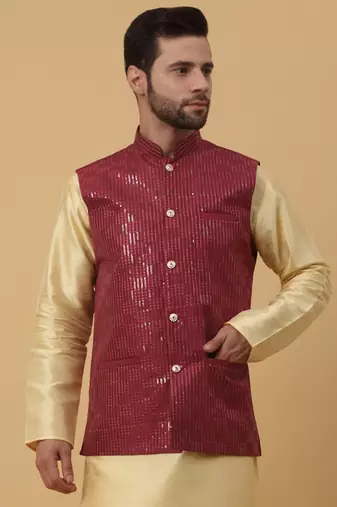 Men's Cotton Silk Sequenced Embroidered Maroon Nehru Jacket