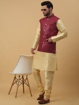 Men's Cotton Silk Sequenced Embroidered Maroon Nehru Jacket 5