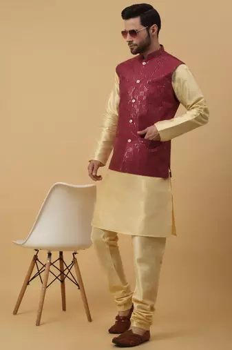 Men's Cotton Silk Sequenced Embroidered Maroon Nehru Jacket